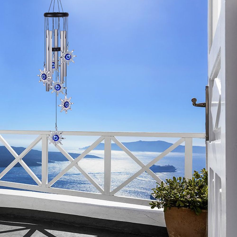 Blue Evil Eye Sun Wind Chimes Outdoor Decor, Mobile Sun Evil Eye Windcatcher, Evil Eye Sun Wind Bells, Sun Blue Evil Eye Amulet Wind Chimes for Home, Gift for Mom, Balcony, Patio, Garden Decoration