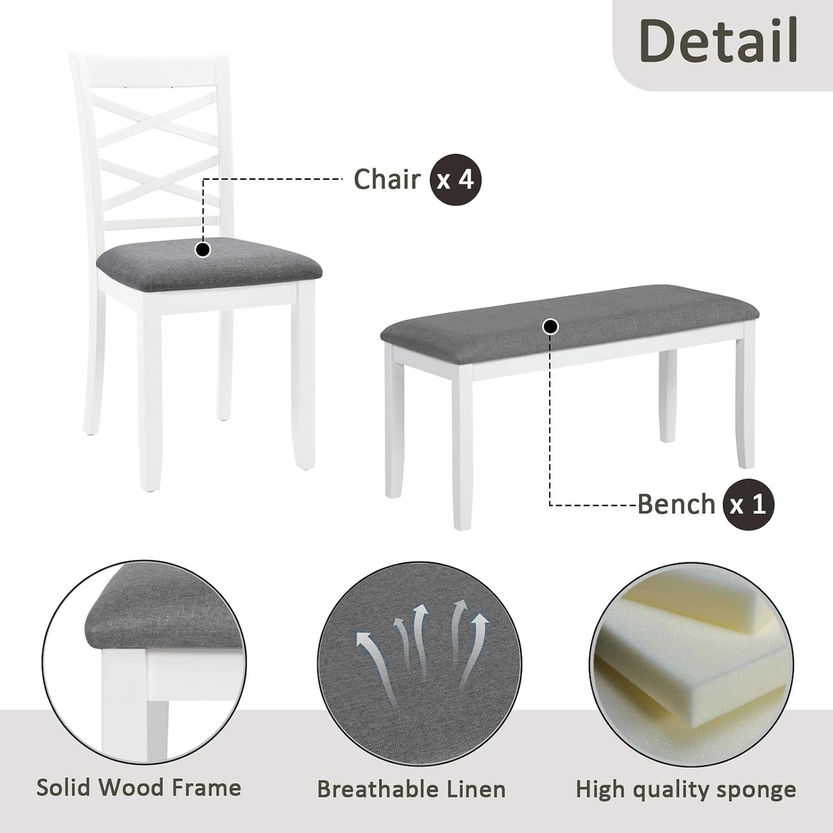 Merax 6-Piece Modern Dining Table Set with Chairs and Bench, Wood Kitchen Table Set for 4-6, Rectangular Kitchen Dining Table for Dining Room, Kitchen, Small Apartment, White+Gray