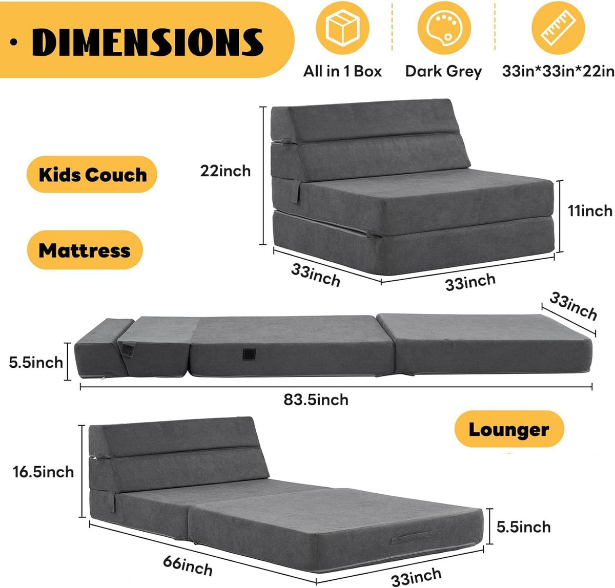 jela Foldable Sofa Bed Large Soft Foam Convertible Sleeper Chair Luxury Miss Fabric Fold Out Chair Bed Floor Couch with Back Support Floor Sofa for Living Room Bedroom (83"x33",Dark Gray)