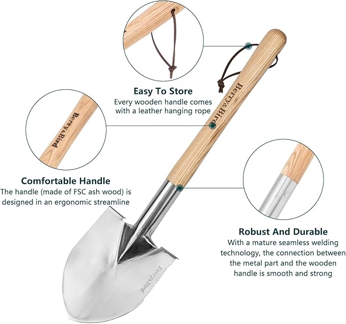 Berry&Bird Short Hand Shovel, 19.8’’ Digging Trowel for Gardening with Wood Handle Stainless Steel Round Point Spade Shovel with Serrated for Cutting, Transplanting & Weeding