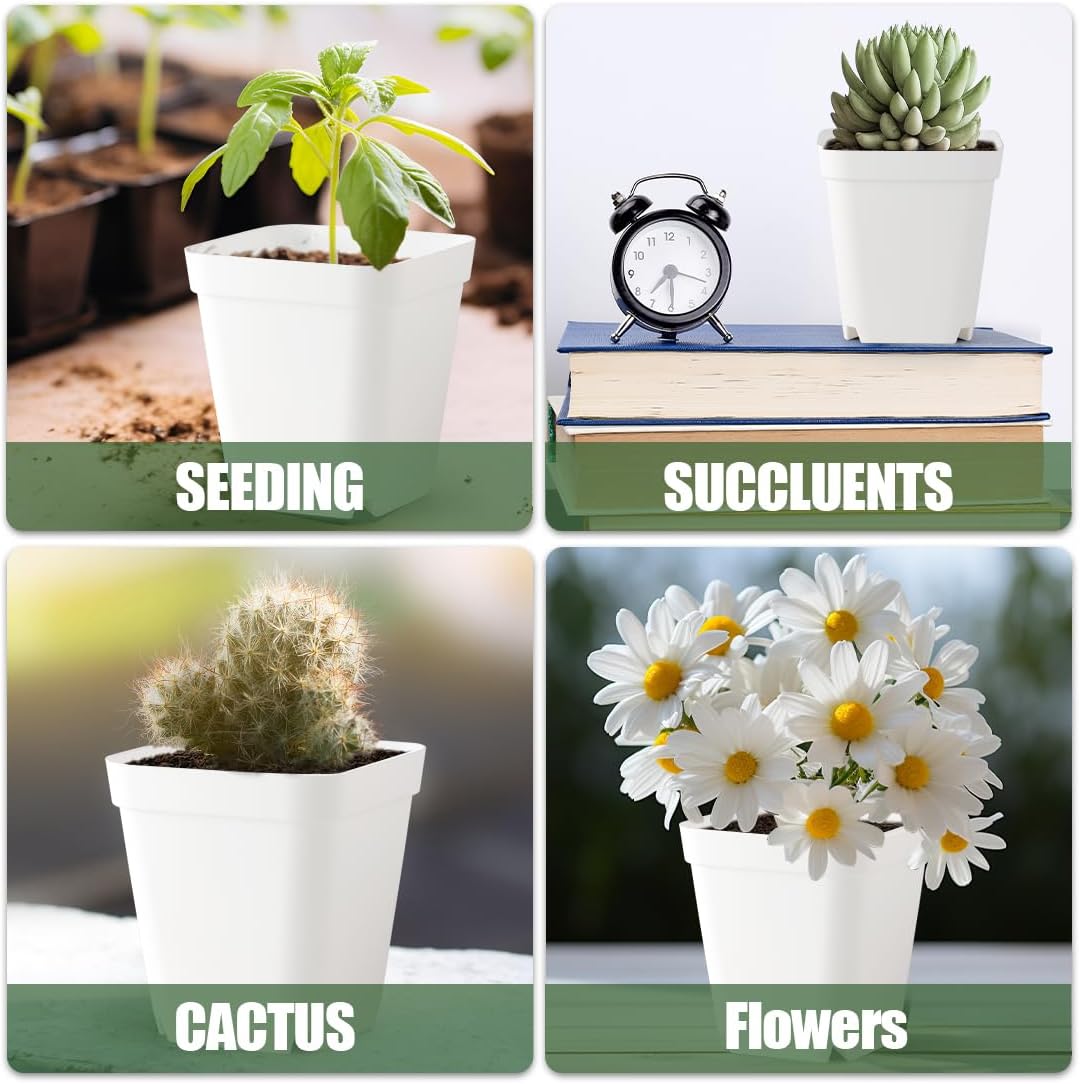 BTPLASTIK 120 Pcs Nursery Pots 3.5 Inch, Plastic Seed Starting Pot with Drainage Holes, Small Sturdy Seedling pots for Planting, Cuttings (White)