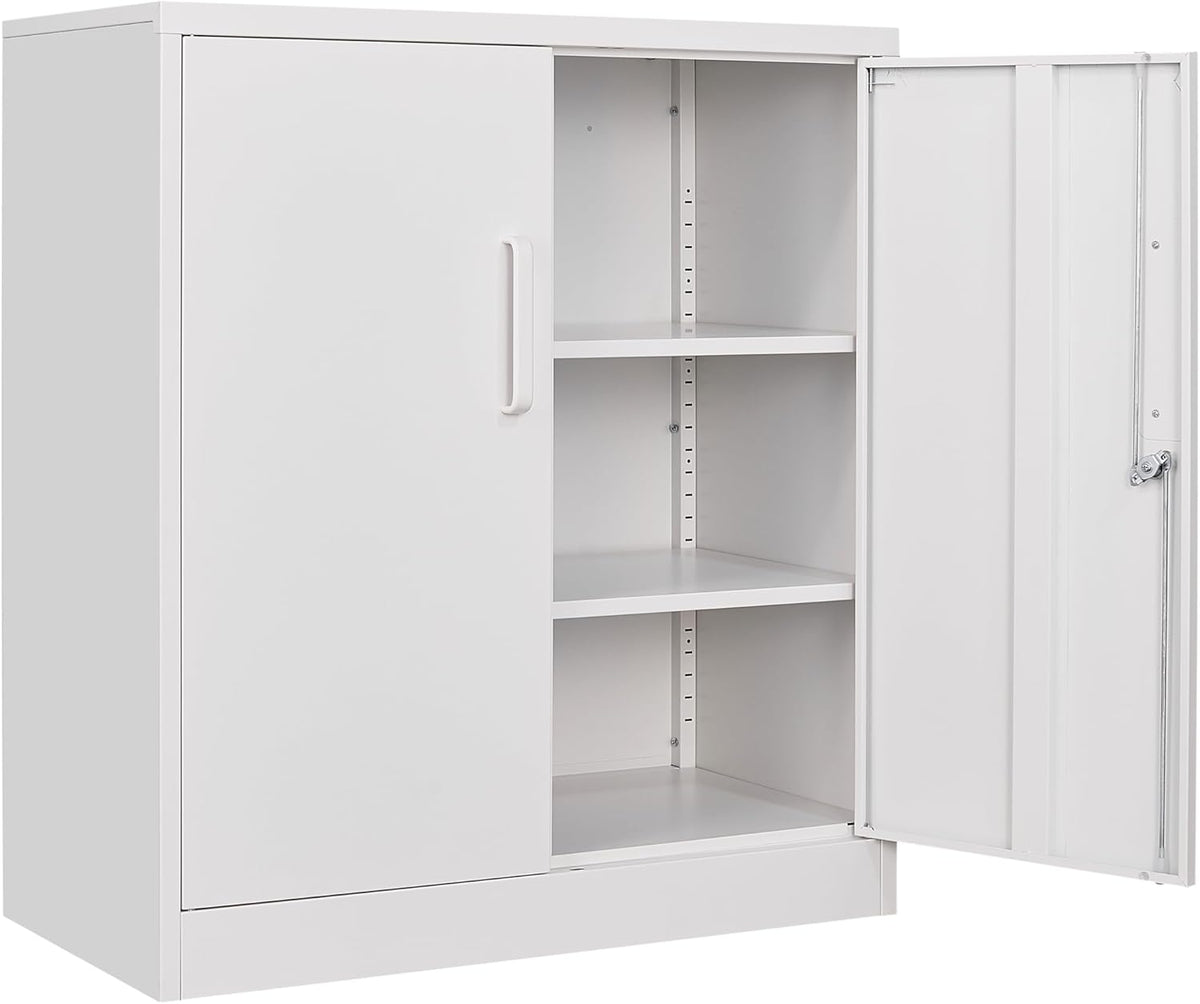 SISESOL White Metal Storage Cabinet with Doors and Shelves,36 inch Small Metal Cabinet with Lock,Short Garage Storage Cabinets,Locking Steel Cupboard for Home,Office,Kitchen,Garages