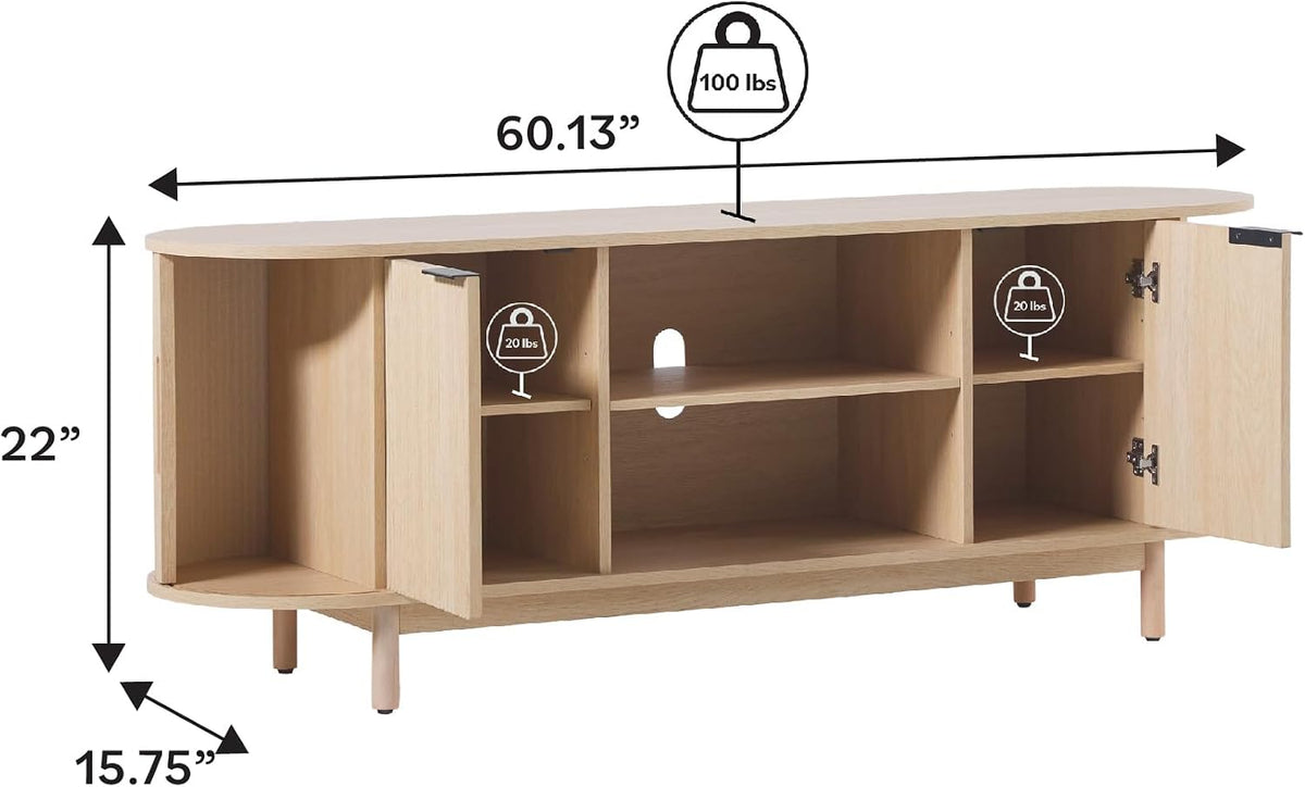 Walker Edison Modern Curved Reeded TV Stand for TVs up to 70 Inches, Credenza with Sliding Doors and Adjustable Shelves, TV Stand with Cord Management Cutout, 60 Inch, Coastal Oak
