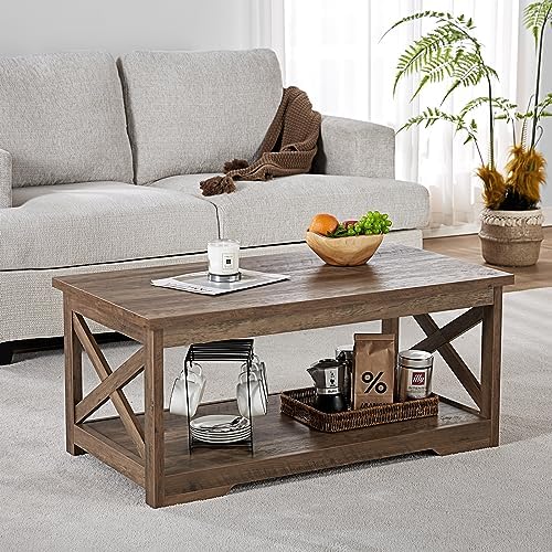 AMERLIFE 3 Piece Farmhouse Living Room Coffee Table Set, Barnwood | Coffee Table & 2 End Tables with Charging Station and USB Ports, Farmhouse Style, Barn Door Design, Living Room Furniture