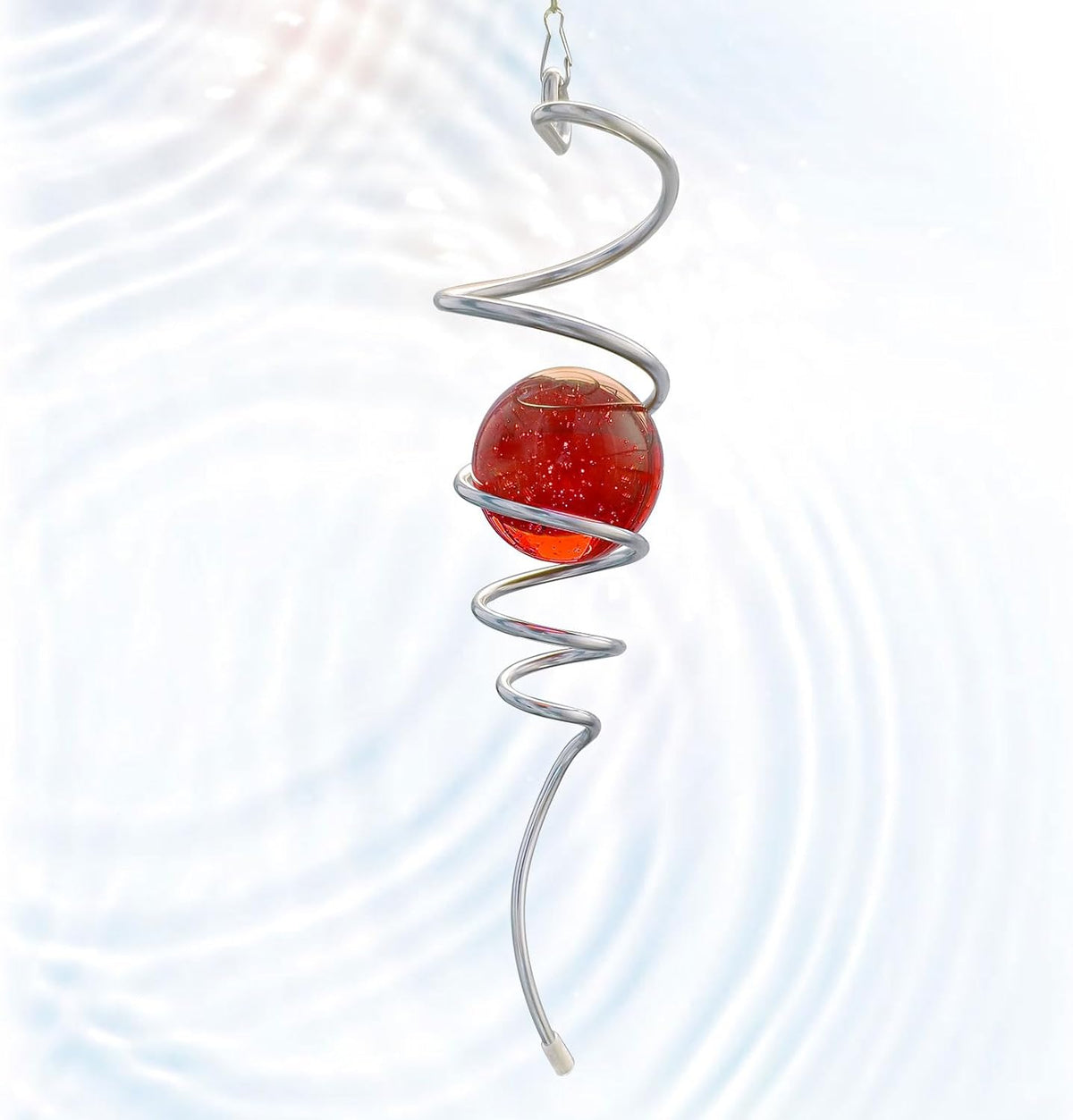 Gazing Ball Spiral Tail with Red Glass Orb - 13" Wind Spinner Stabilizer with Swivel Hook, Hanging Decor for Indoor Outdoor Garden Decor Rotating Art Ornament Christmas Décor & Unique Gift