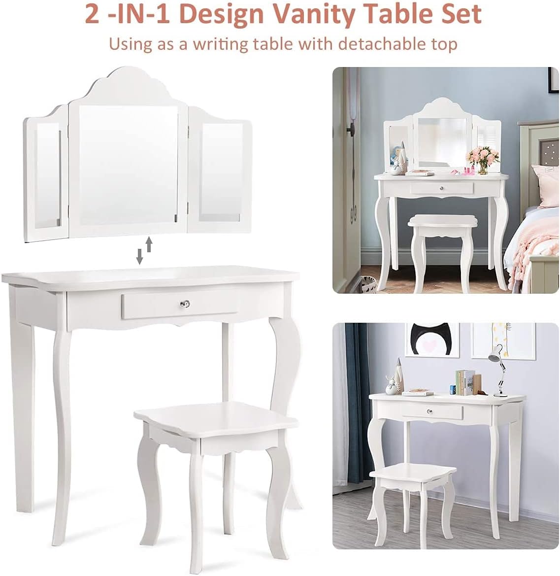 Costzon Kids Wooden Vanity Table & Stool Set, 2 in 1 Detachable Design with Dressing Table and Writing Desk, Princess Makeup Dressing Table with Two 180° Folding Mirror, for Girls, Kids (White)