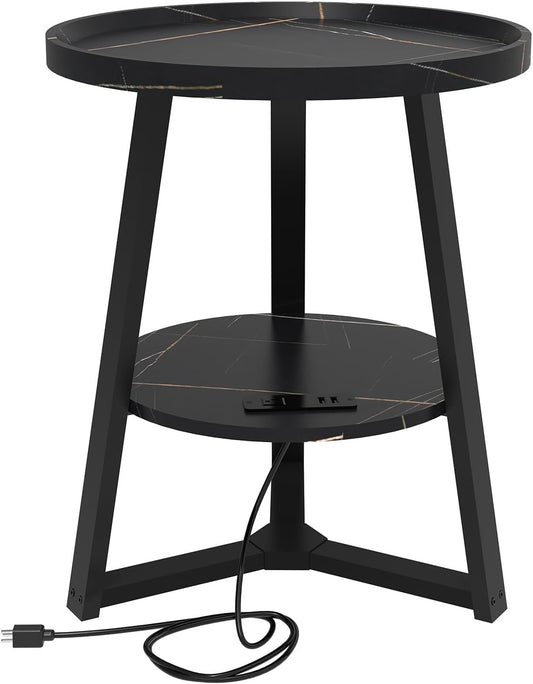 KJGKK Round End Table with Charging Station, 19.7" Dia x 23.63" H, Side Table with Storage Shelf, for Living Room, Bedroom, Faux Marble Top, Black