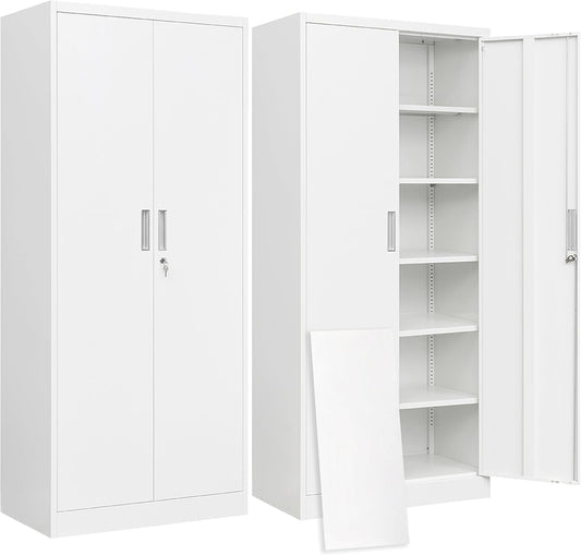 BESFUR Metal Storage Cabinet with 2 Doors and 5 Adjustable Shelves Garage Storage Cabinet with Lock 71" Office Storage Cabinets Locking Cabinets for Garage Office Shop Home (White)