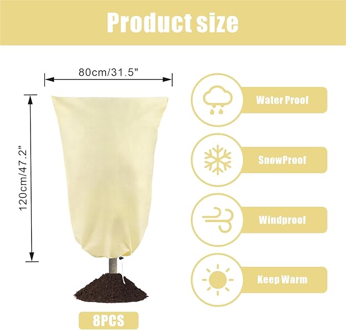 8 Pack Plant Covers Freeze Protection, 31.5"x47.2" Frost Blankets with Zipper Drawstring, Winter Cold Weather Plant Protection Jacket for Outdoor Plants Potted Shrubs Trees from Freeze Animals, Beige