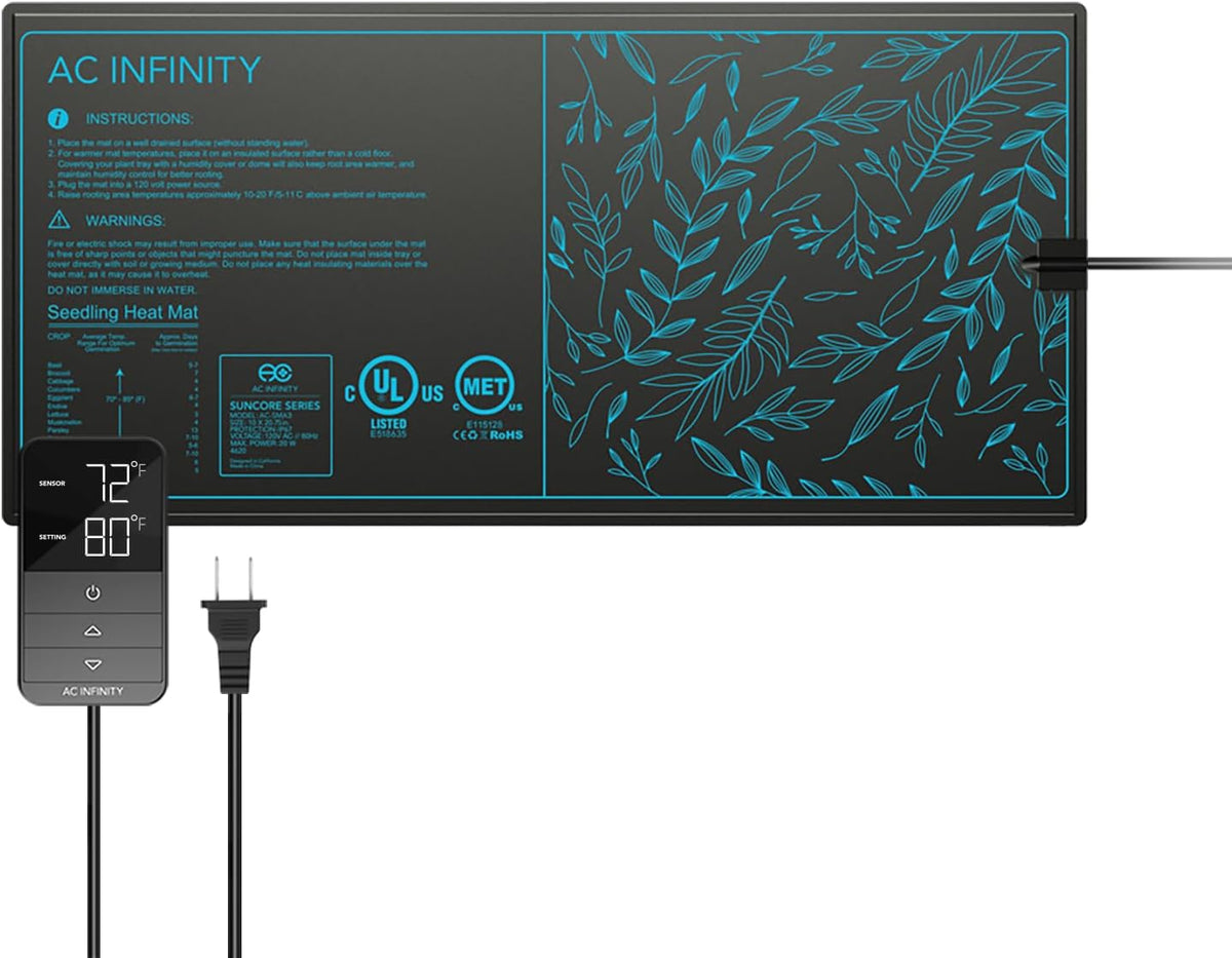 AC Infinity SUNCORE H3, Seedling Mat 10” x 20.75” with Digital Thermostat Controller for Exact Temperature Levels, Waterproof Heating Pad for Indoor Gardening, Hydroponics, Germination, Cloning