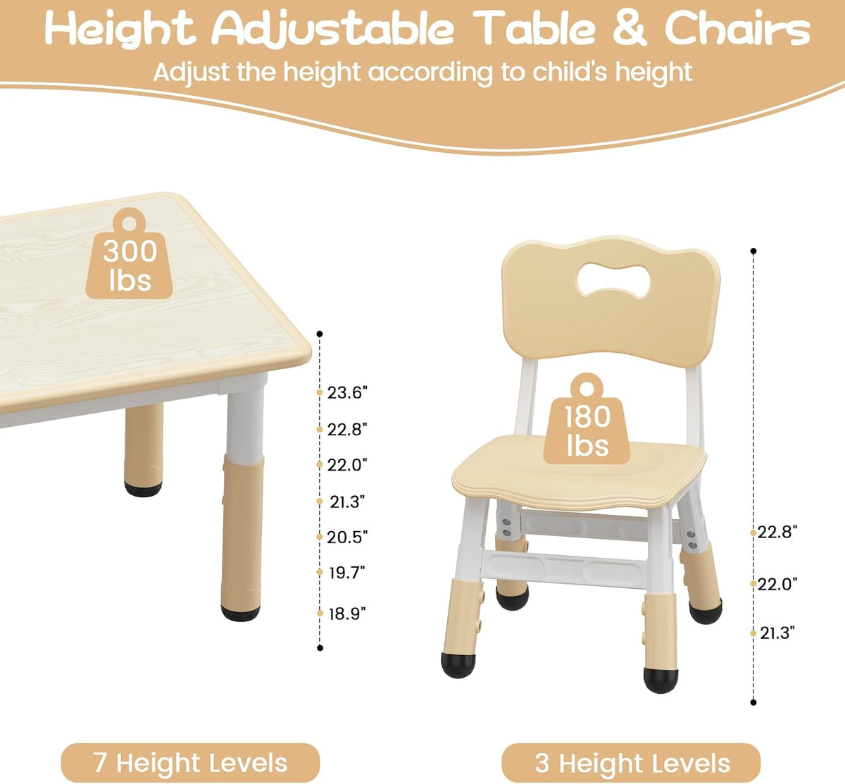Jojoka Kids Table and 6 Chairs Set, Adjustable Toddler Activity Table Set, Wipe-Clean Desktop, Non-Slip Legs, Height Adjustable Kids Furniture for Home, Preschool, Daycare, Ages 2-10-Natural