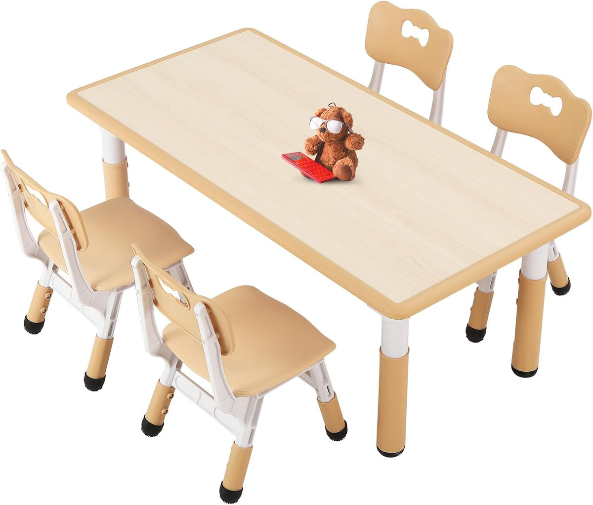 FUNLIO Kids Table and 4 Chairs Set for Ages 3-8, Height Adjustable Toddler Table and Chair Set, Easy to Wipe Arts & Crafts Table, for Classrooms/Daycares/Homes, CPC & CE Approved (5 pcs Set) - Natural