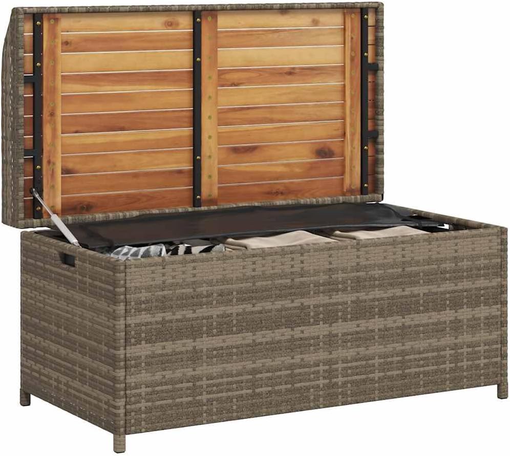 Storage Bench for Patio and Garden, Grey Poly Rattan and Solid Acacia Wood Outdoor Deck Box, 2-Person Seating Bench with Gas Spring Lid for Backyard, 39.4 x 19.7 Inches