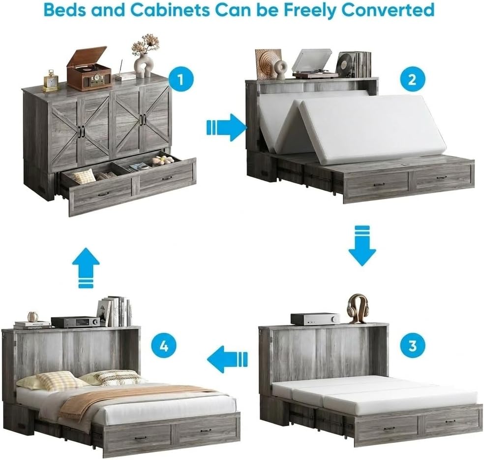 Mjkone 63" W Queen Murphy Bed, Cabinet Beds Queen Size with Built-in Charging Station and Drawer, Modern Cabinet Murphy Chest Bed, Hidden Guest Wall Beds, Space Saving - Grey (No Mattress)