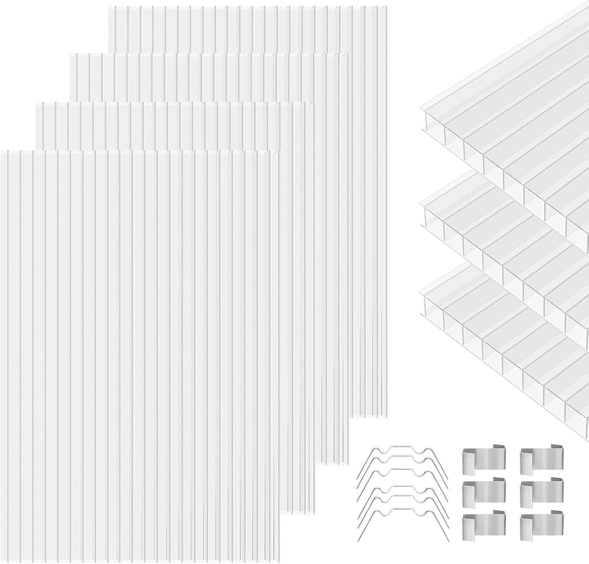 Polycarbonate Greenhouse Panels 5 Pack 4' x 2' x 0.32" Twin-Wall UV-Protected All Weather Plastic Roof Panel Clear Replacement Sheets for Garden Fences, Furniture DIY,Outdoor Roofing