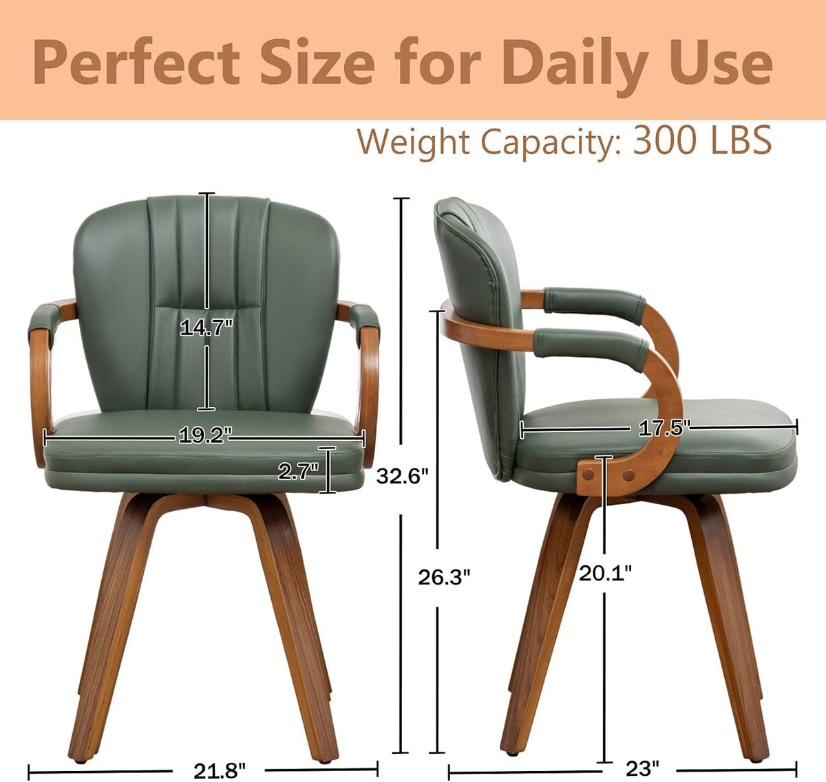 Swivel Dining Chairs Set of 4 Mid Century Modern Green Faux Leather Upholstered Kitchen Chairs with Bentwood Frame Armrests Side Chairs,Comfortable Ergonomic Wood Accent Chair No Wheels