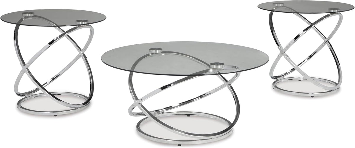 GTU Furniture Contemporary Glass Round 3-Piece Coffee Table Set, Cocktail Table with 2 Matching End Tables, Chrome Finish Finish for Living Room