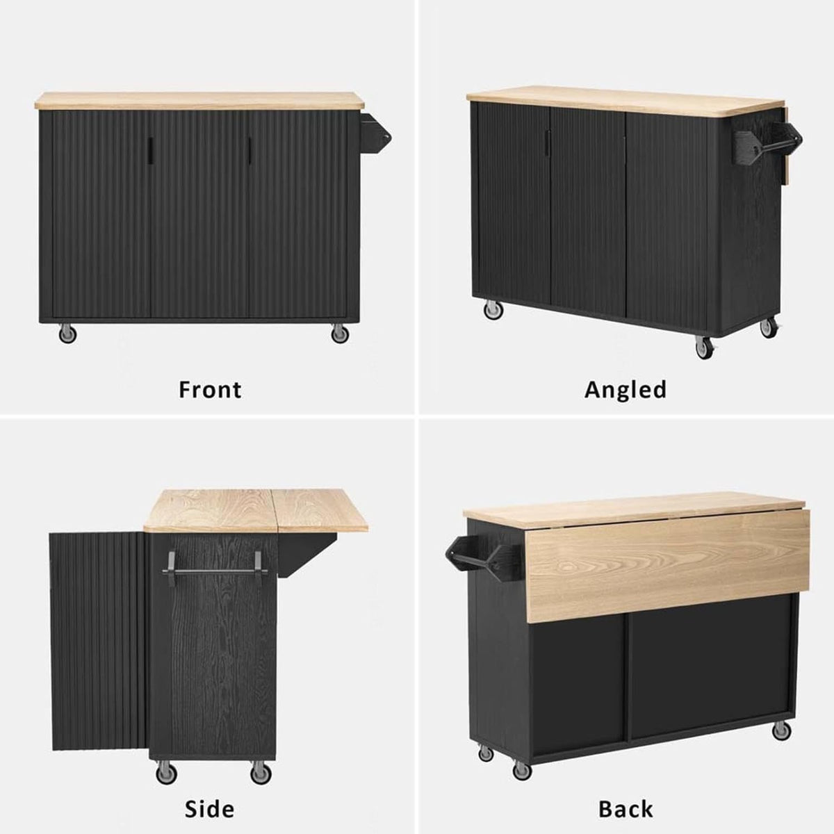 Rolling Island Cart for Kitchen with Drop Leaf with Storage and Dining Table, Kitchen Islands with Storage Cabinets with Wheels Towel Rack， for Kitchen, Dining Room, Black