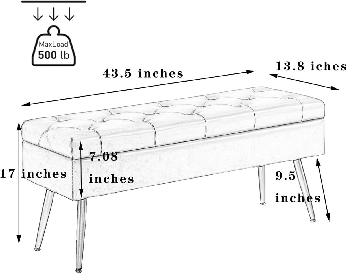 Storage Ottoman Long Upholstered Entryway Bench, 43.5" Fabric Green | Large Flip-Top Entry Shoe Bench Dining Seat for Living Room Bedroom End of Bed Couch, Support 660lbs, Faux Leather