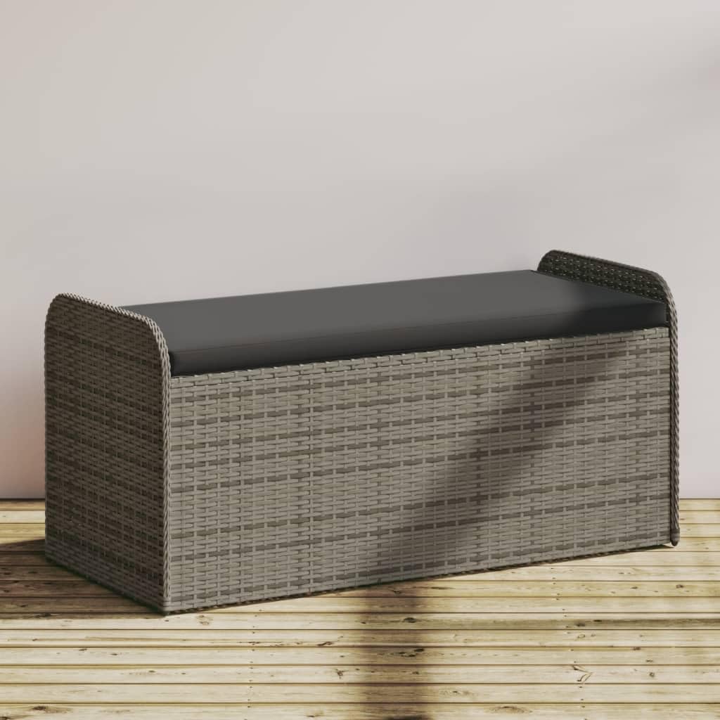 45.3 Inch Patio Storage Bench with Cushion, Gray Poly Rattan Outdoor Seat with Waterproof Bag and Gas Spring Lid