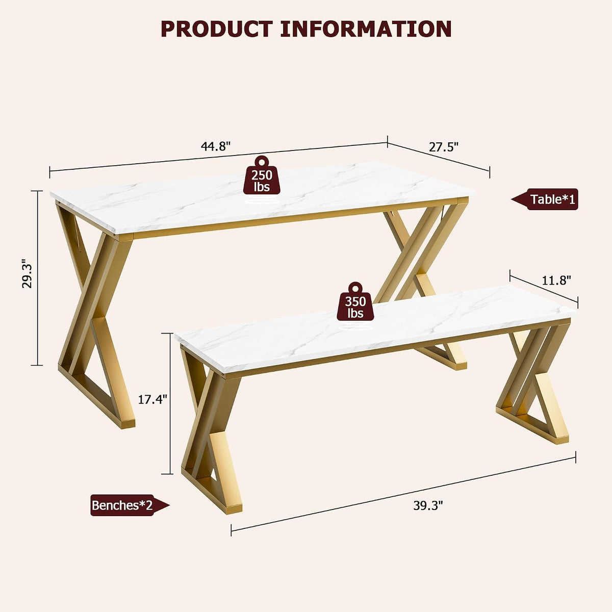 GarveeHome Kitchen Table with 2 Benches, Dining Table Set for 4 | Unique X-Shaped Design,Faux Marble Tabletop,Saving Space,For Kitchen, Dining Room,Apartment,Sturdy Metal Frame