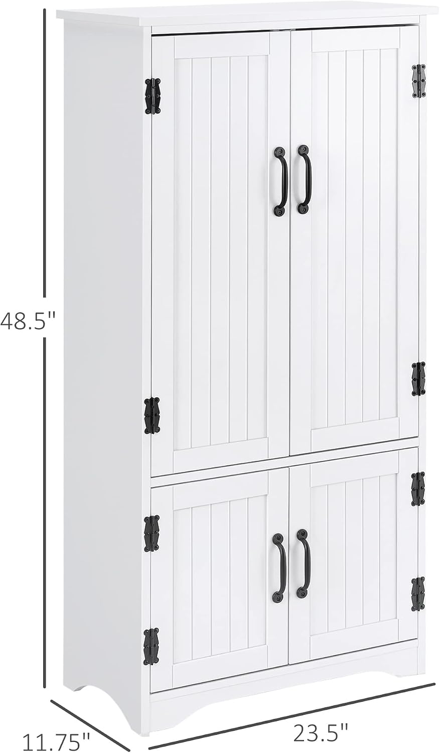 HOMCOM 48.5" Kitchen Pantry Cabinet with 2 Adjustable Shelves and 4 Beadboard Doors, Compact Farmhouse Kitchen Storage Cabinet for Dining Room, White