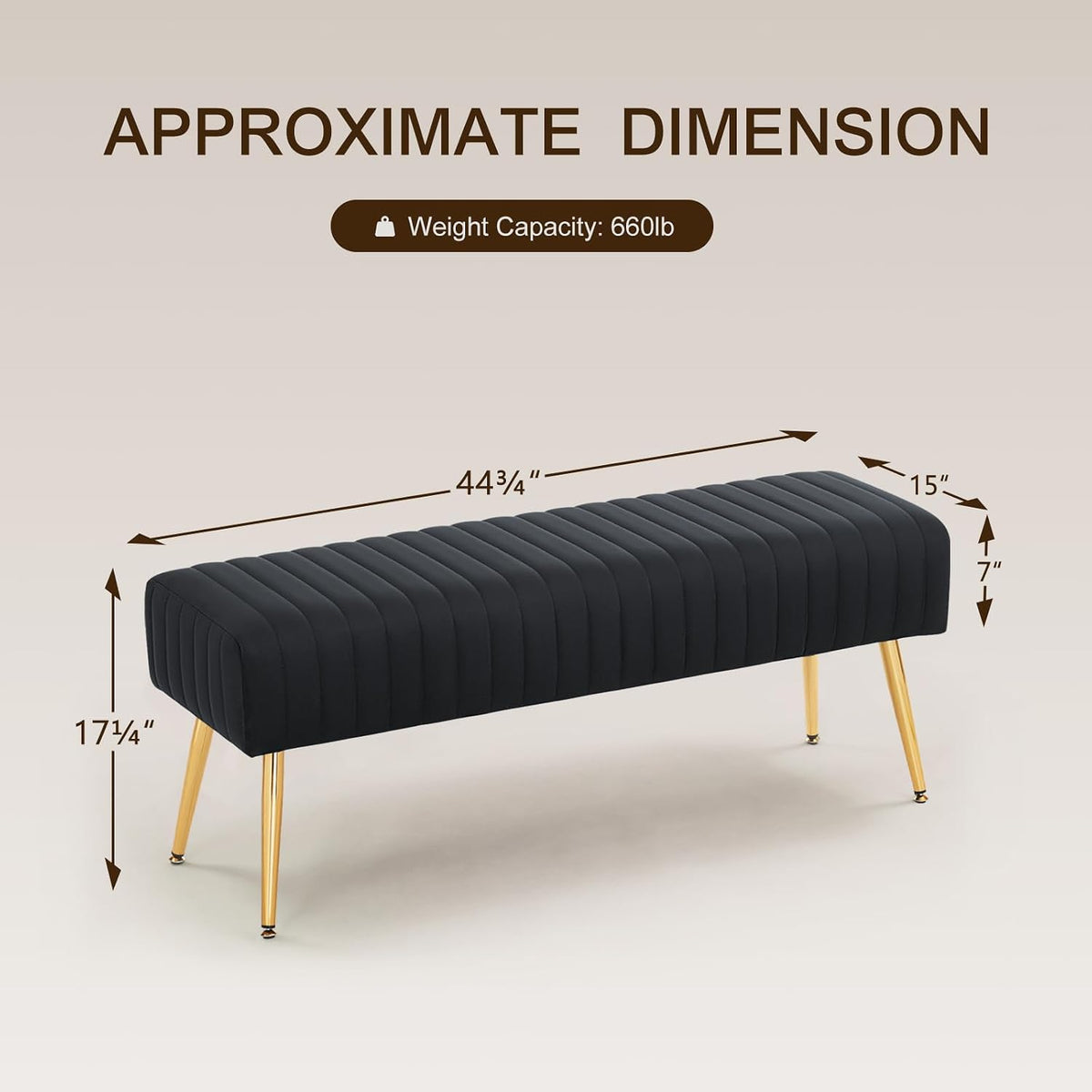 Furnimart 44 Inch Bedroom Ottoman Bench, Black Upholstered End of Bed Bench with Gold Legs for Living Room Bedroom Dinning Room Entryway, Black