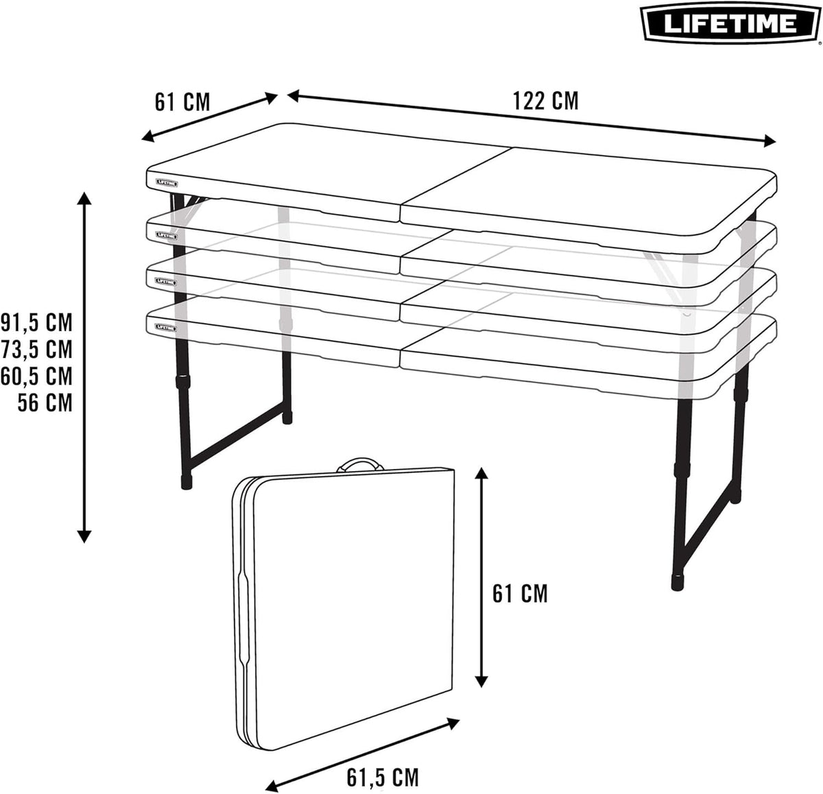 LIFETIME Fold-in-Half Adjustable Folding Table, 4 Foot