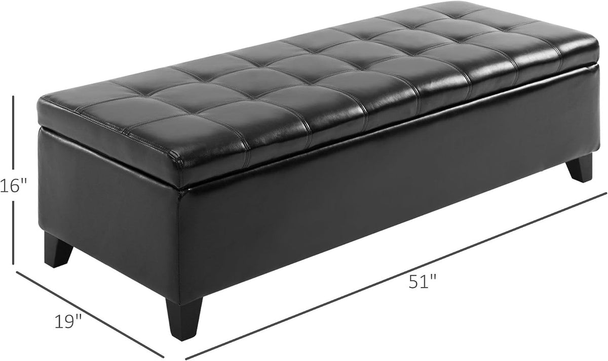 51inches Rectangular Tufted Faux Leather Storage Ottoman Black Stylish Luxury Contemporary Comfortable Durable Modern Elegant