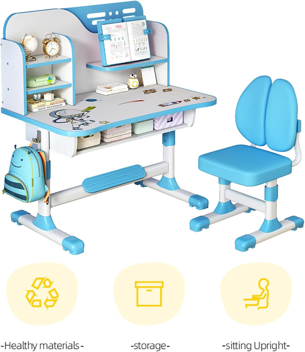 Kids Desk and Chair Set | Adjustable Study Table with Bookshelf & Drawer, Astronaut Theme for Boys and Girls, Ages 3-18 (Pink/Blue) (Blue)