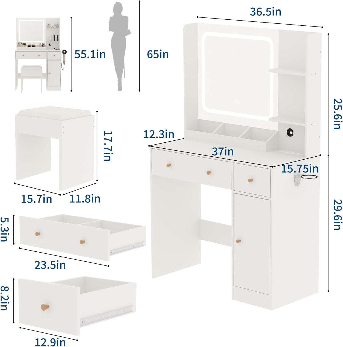 HaHarmoHaby Vanity Desk with Lighted Mirror, Makeup Vanity Table with 4 Drawers, Shelves,3 Color Modes & Adjustable Brightness, Dressing Table Set with Stool for Bedroom