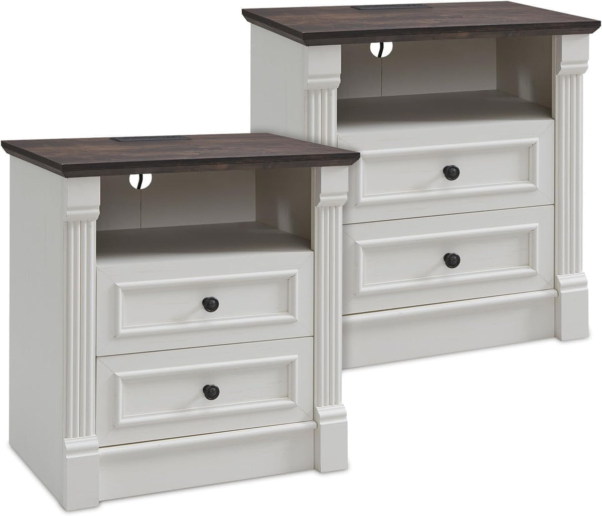 26" Tall Farmhouse Night stand Set of 2, 2 Drawers End Table w/Charging Station, 23.6" Wide Wood Side Table w/Roman Column, Large Rustic Sofa Table w/Open Shelf, Bedside Table for Bedroom, White