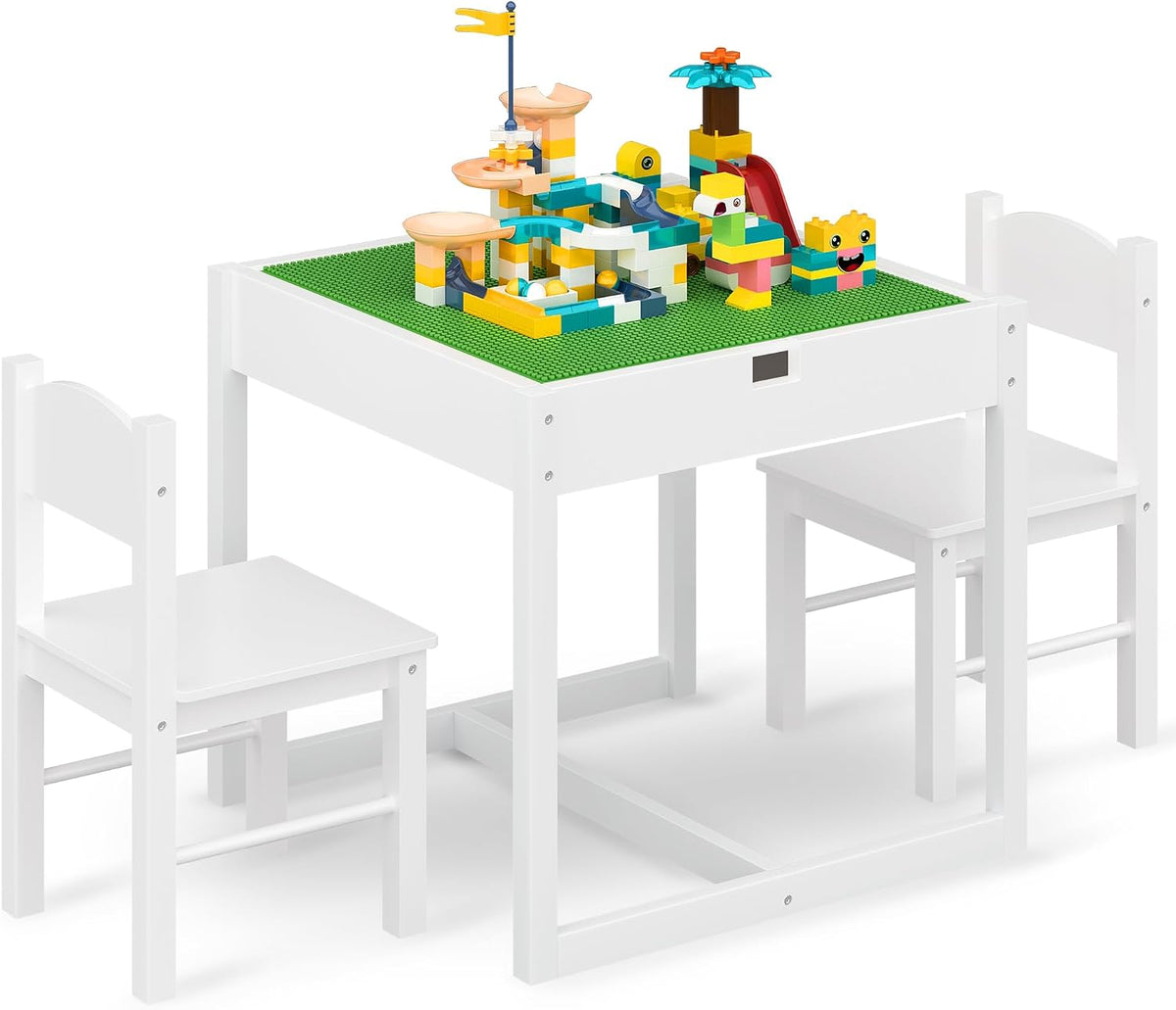 4NM 3 in 1 Kids Table Set, Children Tables and Chairs, Toddler Play Activity Table with Hidden Storage Wood Building Block Desk for Ages 3-7 - White Green