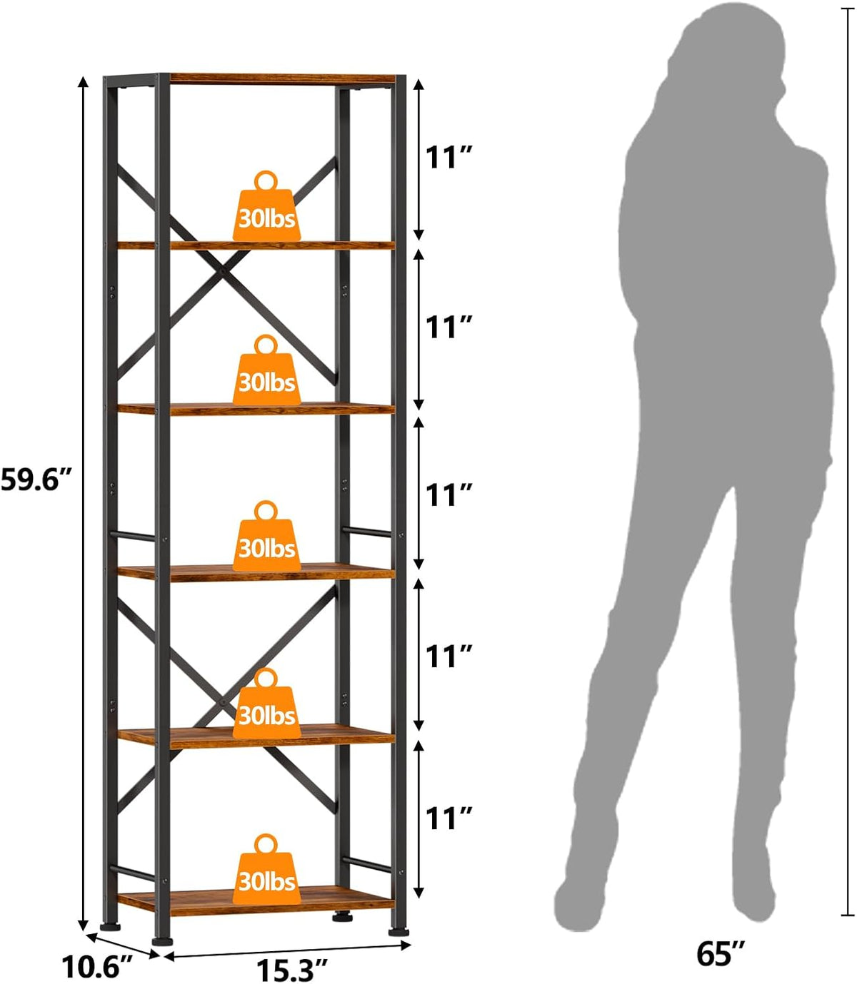 Furologee 6 Tier Tall Bookshelf, Industrial Narrow Bookcase, Display Standing Shelf Units, Metal and Wood Storage Rack Organizer for Living Room, Home Office, Entryway, Kitchen, Rustic Brown