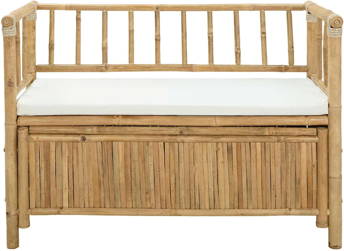 Bamboo Garden Storage Bench 110 x 47 x 80 cm, Outdoor Seating with Hidden Compartment, Post Leg Design for Patio or Indoor Use, Natural Finish