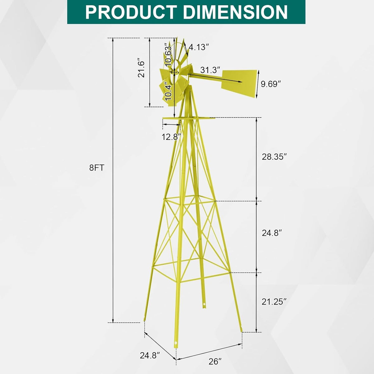 8FT Windmill for Yard Garden Decoration with Weather Vanes，Heavy Duty Outdoor Wind Mills, Large Metal Outdoor Windmill,Weather Resistant,Yellow