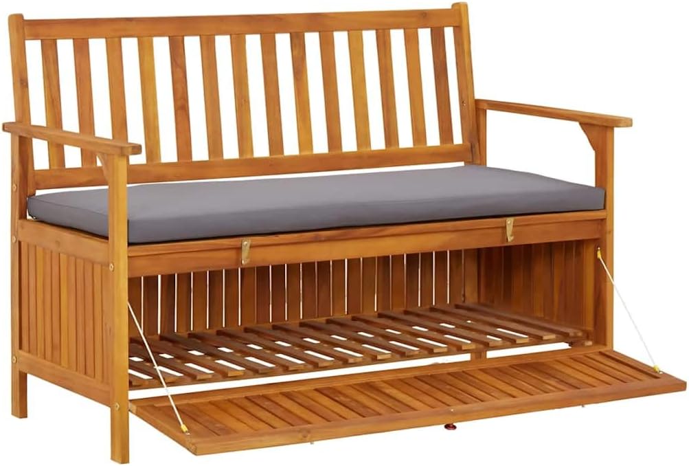 Patio Storage Bench with Cushion, 47.2 inch Outdoor Garden Seating, Solid Acacia Wood Furniture for Backyard, Porch, Deck, Gray