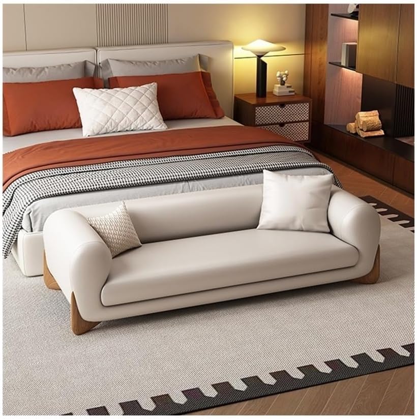 Modern Bed End Stool Leather Sofa Bench Bedroom Clothing Store Cloakroom Bedside Entryway(Off-White,Medium)