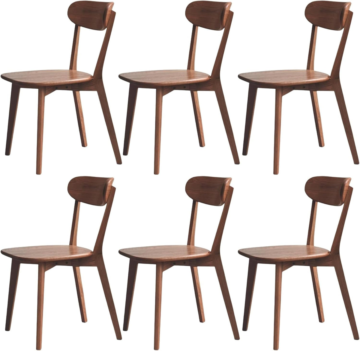 Solid Wood Dining Chairs Mid Century Modern Kitchen Chairs Set of 6 | Rounded Curved Backrest, Wide Comfortable Seat, Ergonomic Support, Easy Clean Wood Finish, Multiple Set Options,Walnut Color