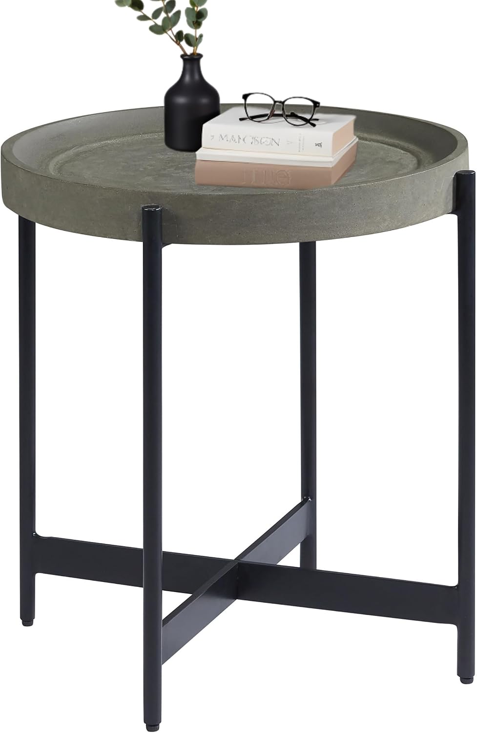 Brookline 20-Inch Round Wood End Table with Concrete Coating and Powder-Coated Iron Legs – Tray Style Top Home Accent for Living Room, Bedroom or Office by Alaterre Furniture (Gray)