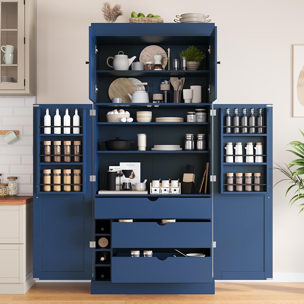 Modern Shaker Style Kitchen Pantry, 77'' Tall Freestanding Cupboard with Adjustable Shelves, Door Shelves, 3 Drawers and Wine Racks, Versatile Pantry Cabinet with Storage for Dining Room, Blue