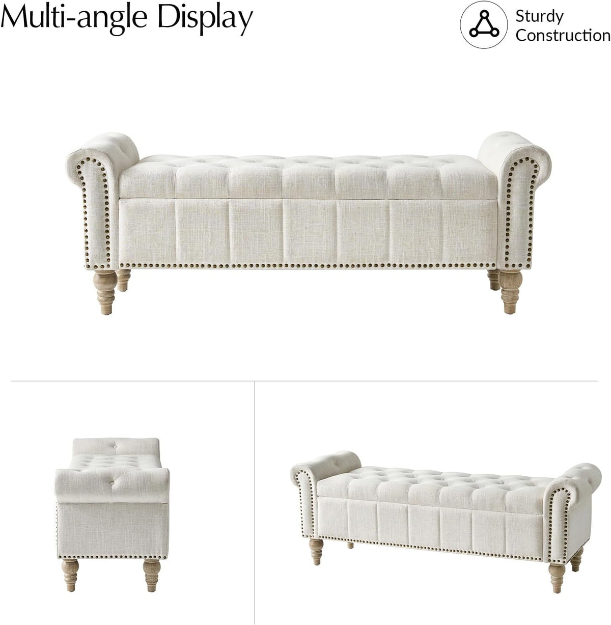 HULALA HOME Farmhouse Upholstered Storage Bench, End of Bed Bench with Vintage Button Tufted Design(Ivory)