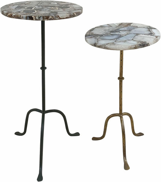 East at Main Agate Stone Cocktail and Martini Tables Set of 2 – Handcrafted Accent Tables with Polished Agate Tops, Side Tables for Living Room, Matte Black and Antique Brass Bases, 11” and 10” Sizes