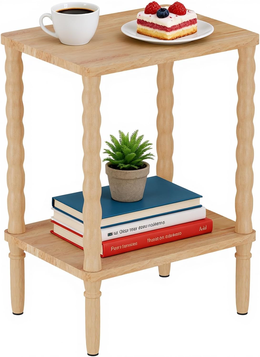 Solid Wood Side Table, Small Retro End Table, Narrow Couch Side Table with Storage Shelf, Skinny Bedside Table Nightstand for Small Space, Bedroom, Living Room, Farmhouse, No-Tool Assembly.