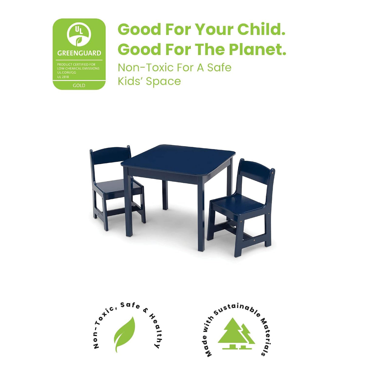 Delta Children MySize Kids Wood Table and Chair Set with 2 Chairs, Deep Blue and Double-Sided Storage Easel, Bianca White