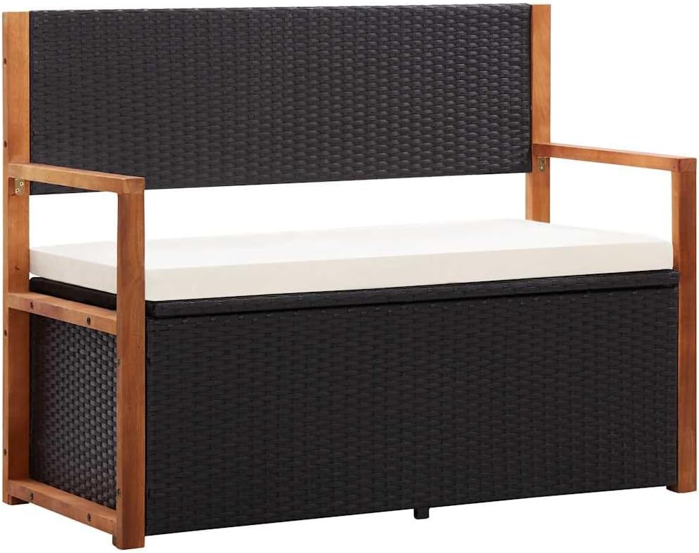 45.3" Storage Bench Poly Rattan and Solid Acacia Wood Outdoor Garden Bench with Interior Storage and Removable Cushion for Patio Deck Porch Black and Natural