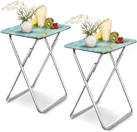 Garden 4 you Folding TV Tray Table,TV Dinner Table with Sturdy MDF Top,Eating Trays for Living Room with No Assembly Required, 2PCS (Sea Blue)