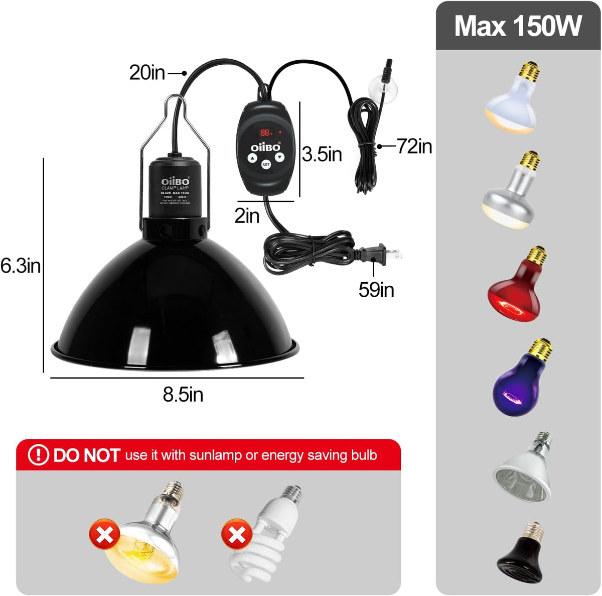 Oiibo Reptile Light Fixture with Dimming Thermostat, 8.5inch Deep Dome Reptile Lamp Fixture, Reptiles Heat Lamp Fixture for UVB Bulb Basking Heat Bulb, Max 150W