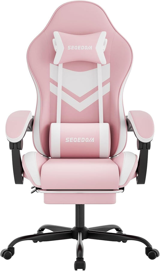 Gaming Chair with Footrest & Massage Lumbar Support, PU Leather Ergonomic High Back Swivel Height Adjustable Chair for Adults, Office Gaming, 300 lbs (Pink White)