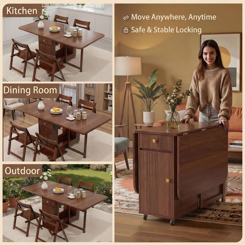 Folding Drop Leaf Dining Table and Hidden Chairs for Small Spaces Kitchen | Fully Assembled, Space Saving, Storage Table & 4 Lockable Wheels, Solid Wood & Wood Grain Finish, Walnut